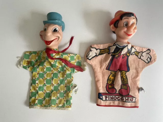 Vintage Walt Disney Productions Pinocchio and Jiminy Cricket Hand Puppet Lot