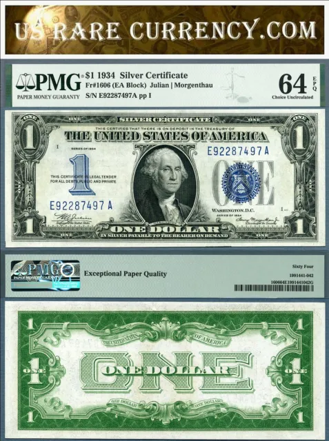 1934 $1 Silver Certificate Funny Back FR1606 PMG 64EPQ