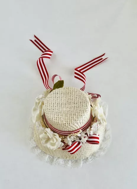 Vintage Woven Doll Hat/BONNET ~ Millinery Flowers & Red/White Striped Ribbon