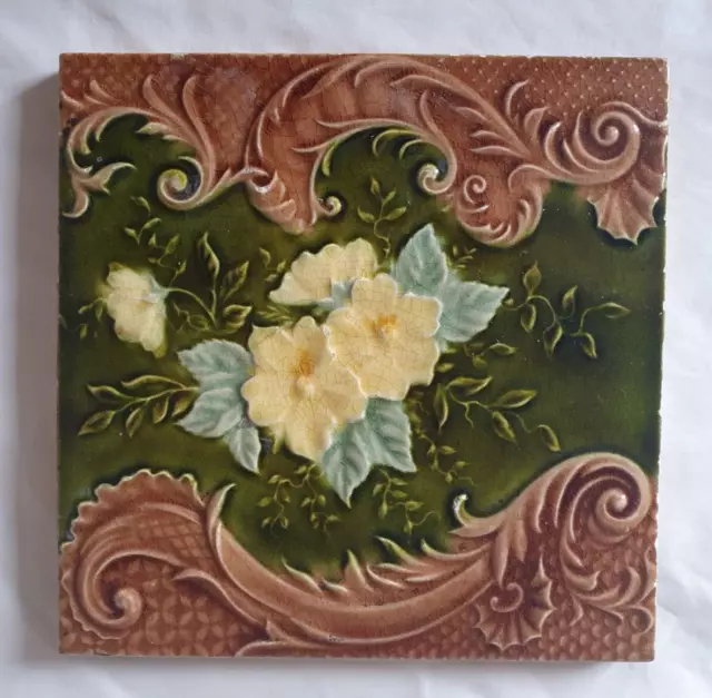 Pilkington Art Nouveau Majolica  Floral Design 6 Inch Tile (A)