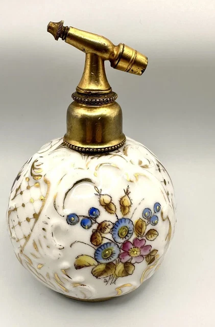 Vintage German Porcelain Hand Painted Floral Gold Perfume Bottle Victorian