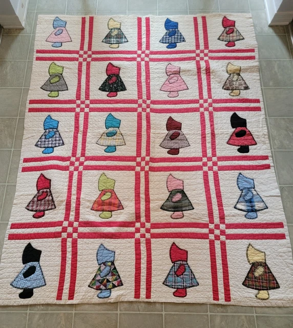 Vintage Sunbonnet Sue Pattern Patchwork Quilt 77"×61" Hand Made