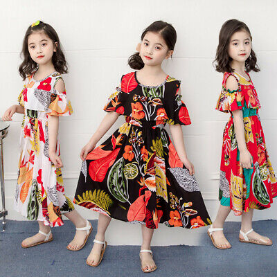 Toddler Kids Baby Girls Floral Leaf Print Beach Dress Princess Outfits Clothes