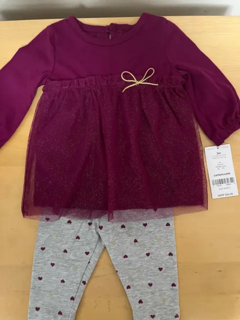 Carters 2-Piece Purple Dress And Burgundy Pants Set - INFANT BABY SIZE 3 MONTHS