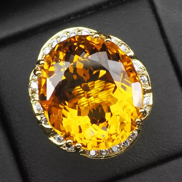 Golden Yellow Citrine Giant Oval 28.5Ct 925 Sterling Silver Gold Rings Size 6.75