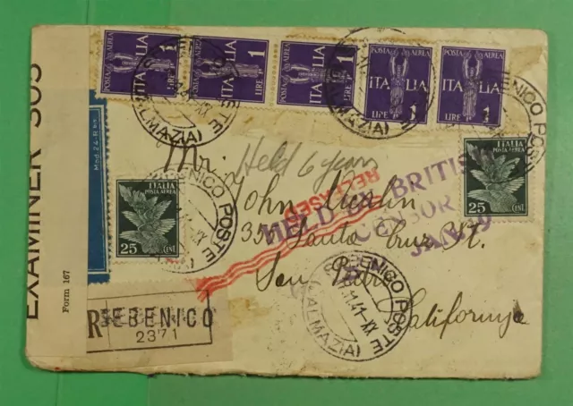 DR WHO 1941 ITALY WWII CENSORED REGISTERED SEBENICO TO USA j48275