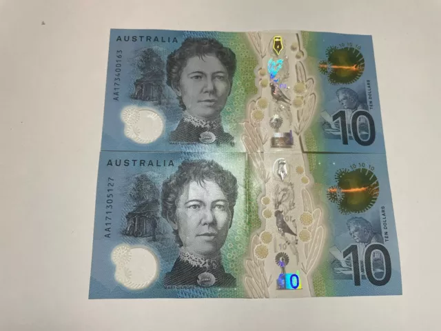 AUSTRALIA NEW X2 $10 2017 AA17 FIRST PREFIX Very Low Serial AA 170 Cri Banknote