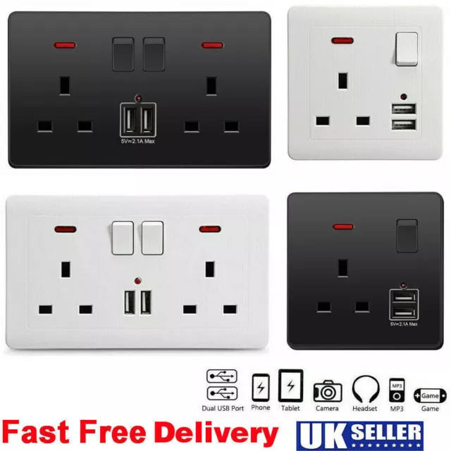 Double Wall Plug Socket 2 Gang 13A w/ 2 Charger USB Ports Outlets Flat Plate UK