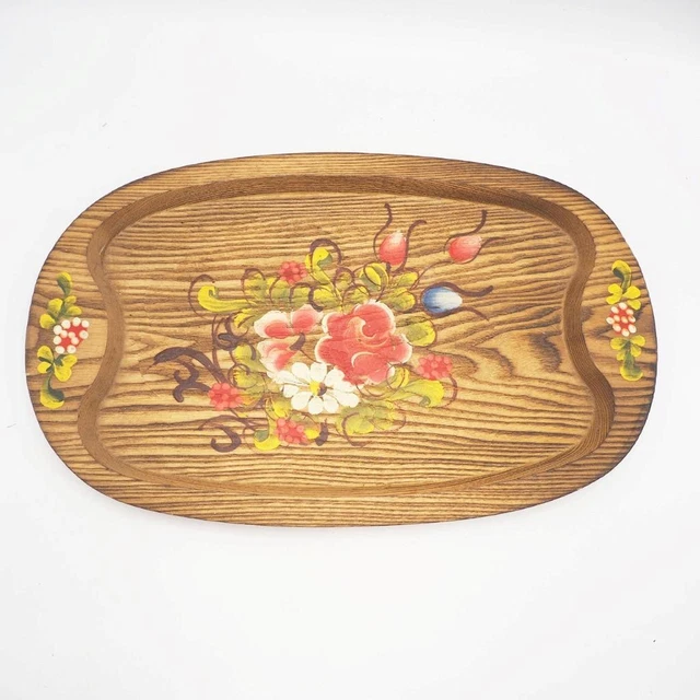 Plateau De Service Vintage En Bois Peint à La Main - Motif Perroquets - Années 70/80