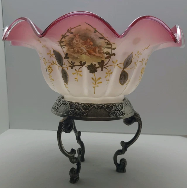 Antique Vintage Brides Basket Silverplate Pink Wht Cranberry Hand Paint LG Bowl