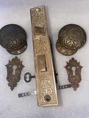 Antique Russel & Erwin Mortise Lock & Key Door Knobs Rosettes & Keyhole Covers 2