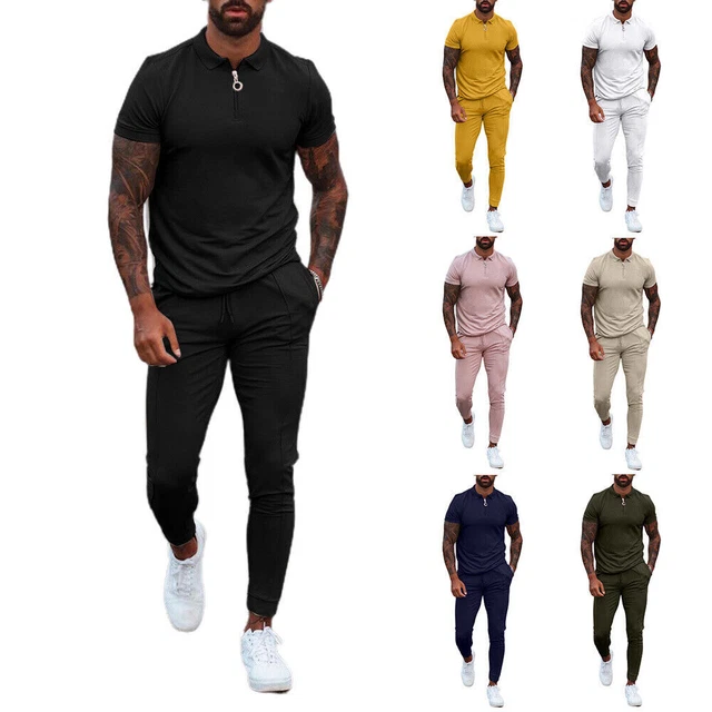 Mens Short Sleeve Set T-Shirt Tops+Pants Sports Joggers Solid Casual Tracksuit