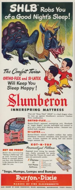 1951 Slumberon Mattress Dragon Comfort Twins Spears Pillows Vintage Print Ad BH1