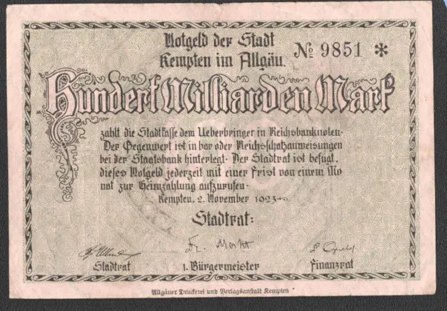 Kempten, Stadt; 100 Mrd. Mark vom 2. November 1923; KN 4-stellig