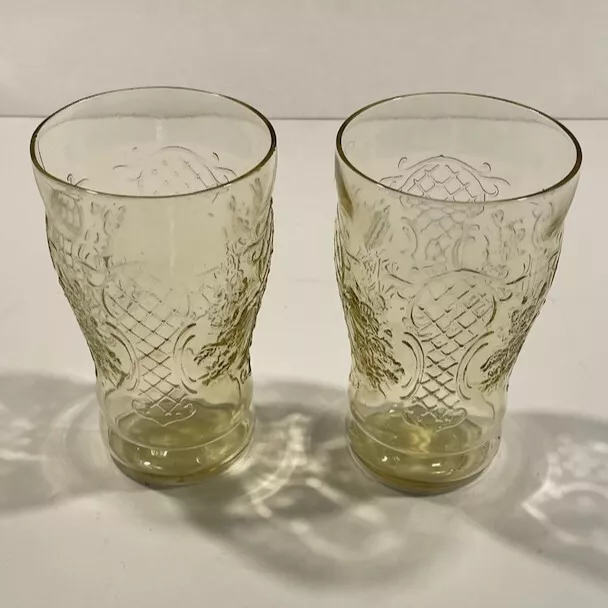 Vintage Federal Glass Normandie Amber Yellow Small Water Juice Cup Tumbler Pair 