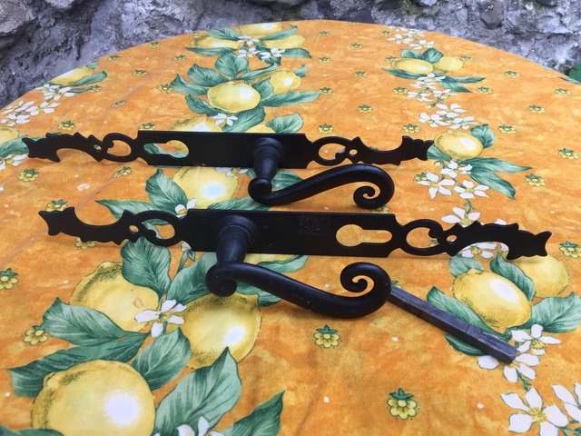 French Vintage Door Handle Forged Iron Knob Gothic Castle Lever Face Plate Black