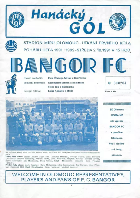 Sigma Olomouc V Bangor 2 Oct 1991 Europa League Vgc Overseas Prog