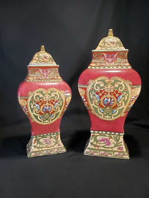 Vintage Oriental Accent Large Pair Asian Lidded Urns Art Vase Ornate Jar Decor