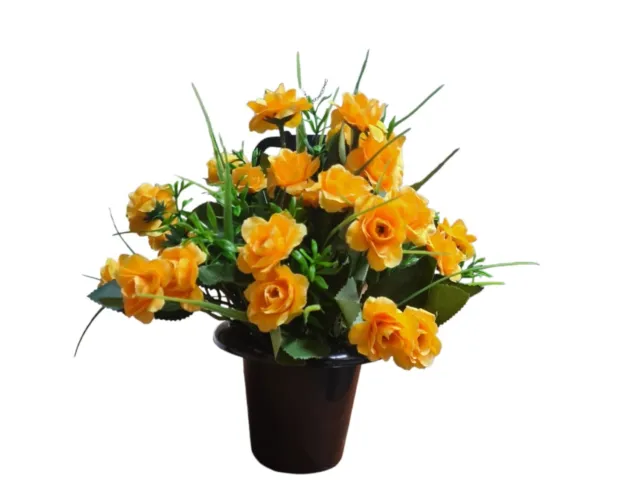 Mothers Day Gift Artificial flowers In Memorial Grave Pot. Yellow roses & Grass