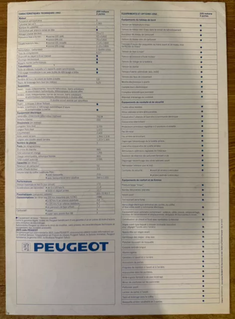 Catalogue prospectus brochure Peugeot 205 INDIANA 1992 2