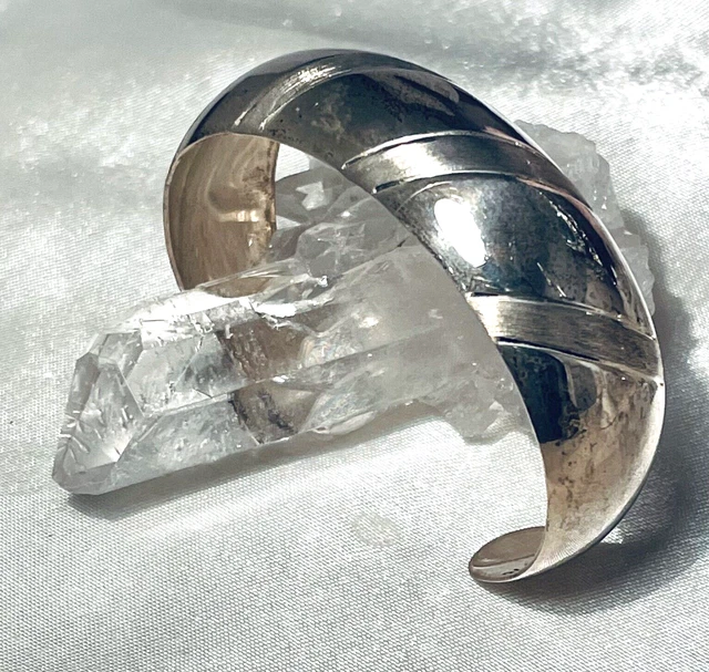Vintage -  Signed Sterling Silver Domed Etched Cuff Bracelet - Taxco, Mexico
