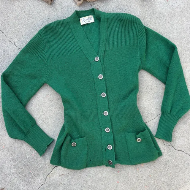 Vintage 1930s Green Knit Wool Sweater Cardigan A Rosalind Sweater By Rosalyn Top