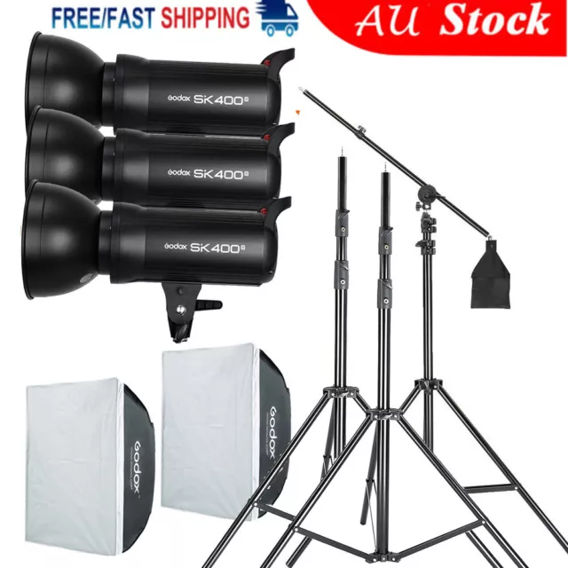 3X Godox SK400II Studio Flash +60*60cm Softbox + Light Stand + Boom Arm