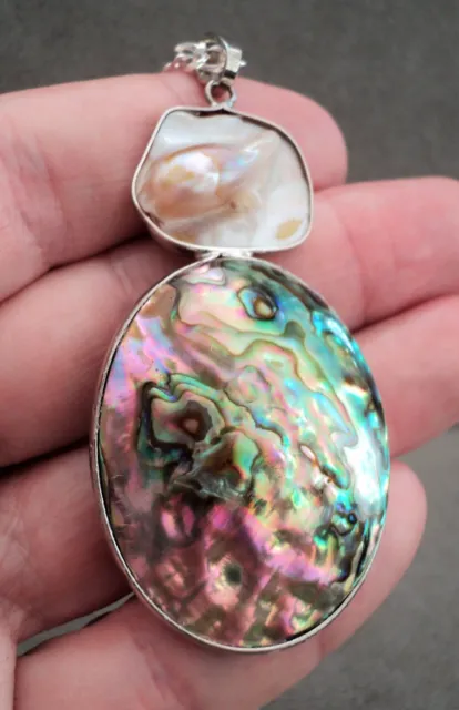 Shimmery ABALONE Shell & Blister PEARL Double PENDANT on STERLING Silver CHAIN