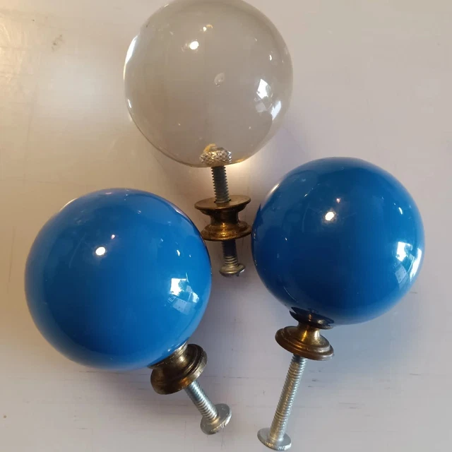Three Round Ball Cabinet Knobs Drawer Pulls 2 Blue 1 Clear Glass 1.75"W