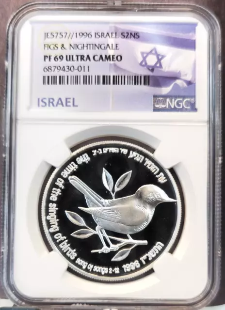 1996 Israel Silver 2 New Sheqalim Figs & Nightingale Ngc Pf 69 Ultra Cameo