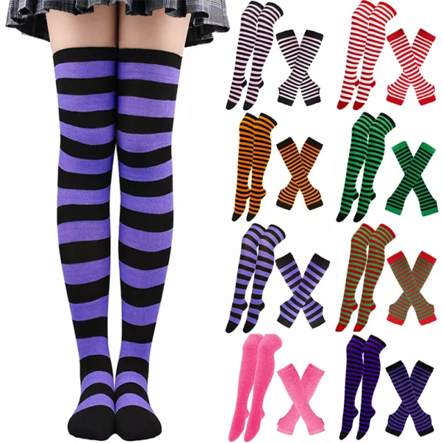 Women's Over Knee Stripe Thigh High Socks Stocking Fingerless Long Arm Gloves U