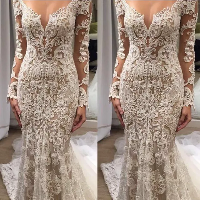 LUXURY HIGH NECK Wedding Dresses Lace Applique Long Sleeve Mermaid Bridal  Gowns $150.39 - PicClick