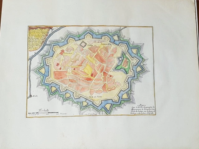 MAPPA DELLA CITTÀ di Vercelli acquarellata a mano edita nel 1695 De Fer