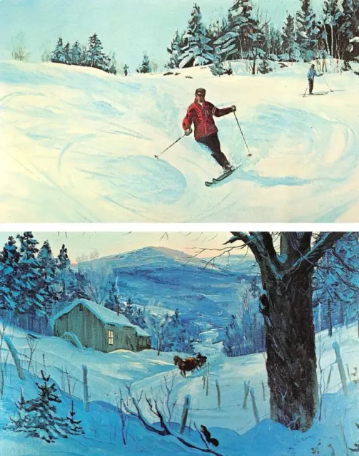 2~Postcards Artist LORAN PERCY Skiing In New England~Skiers & Heading Home~Snowy