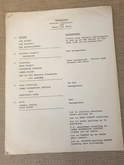 ORIGINAL PRODUCTION FILM Trailer Continuity Sheet MAYERLING 1968 OMAR ...
