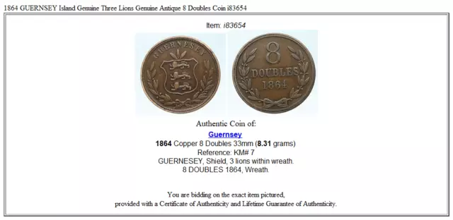 1864 GUERNSEY Island Genuine Three Lions Genuine Antique 8 Doubles Coin i83654 3