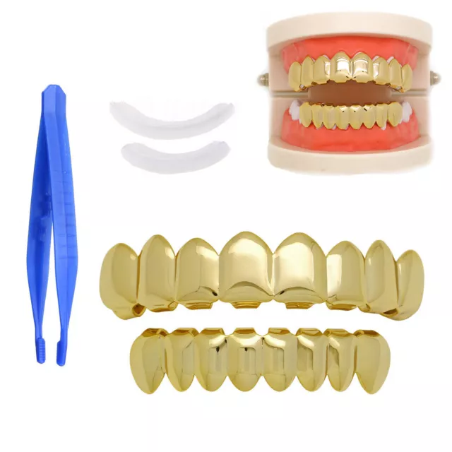 14k Grillz Gold Plated Eight 8 Top Teeth & Bottom Tooth Hip Hop Teeth Grills Set
