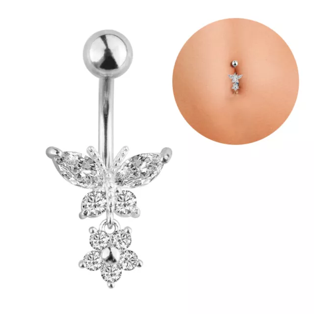 14G Surgical Steel Belly Button Ring CZ Butterfly Flower Dangle Navel Ring