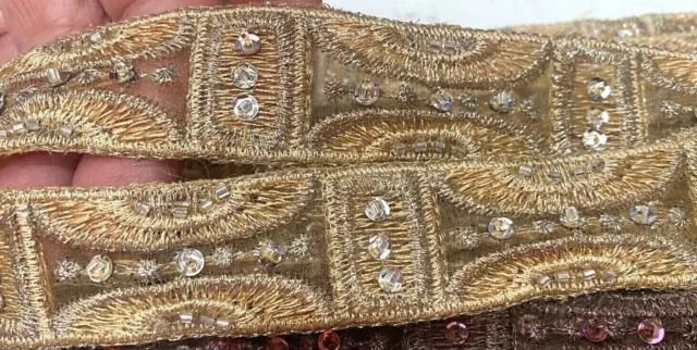 embroidered trim hand sewn 1" sequins glass beads geometric 1yd silver gold