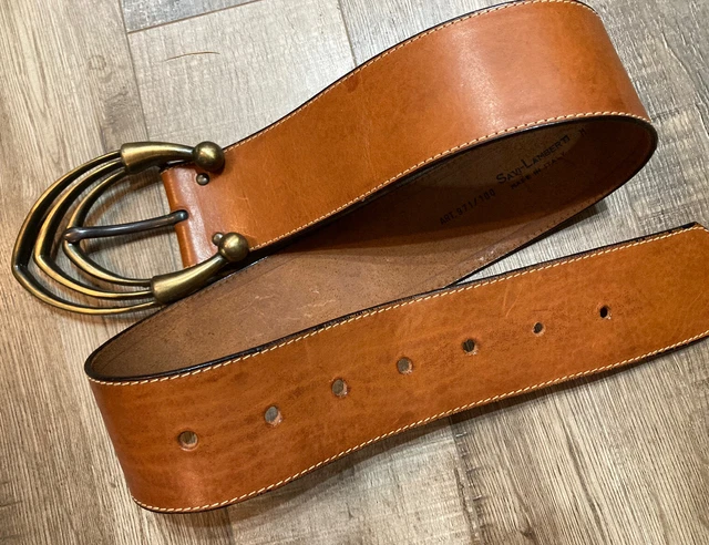 Vtg ITALY Savi Laverti Cognac Brown Leather SPACE AGE ATOMIC Belt LRG Buckle EUC