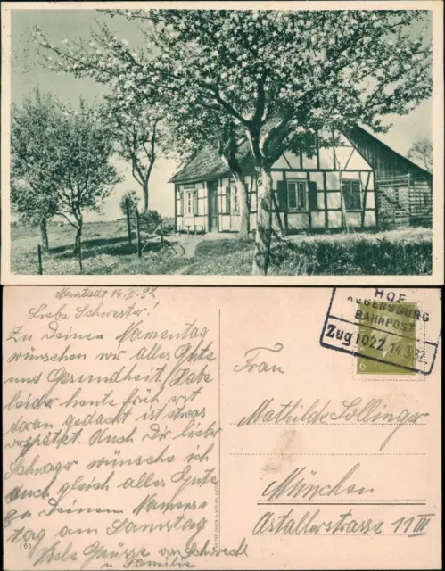 Ansichtskarte   Frühling Fachwerkhaus 1932  gel. Bahnpoststempel Hof Regensburg