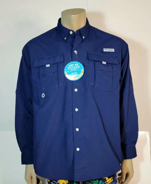 NWT COLUMBIA PFG Bahama Long Sleeve Fishing Shirt Omni-Shade Blue Navy Mens M XL