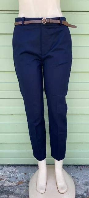 NWT ZARA WOMAN NAVY BLUE BELTED CHINO TROUSERS PANTS Size 4 waist 27 #4988  $34.99 - PicClick