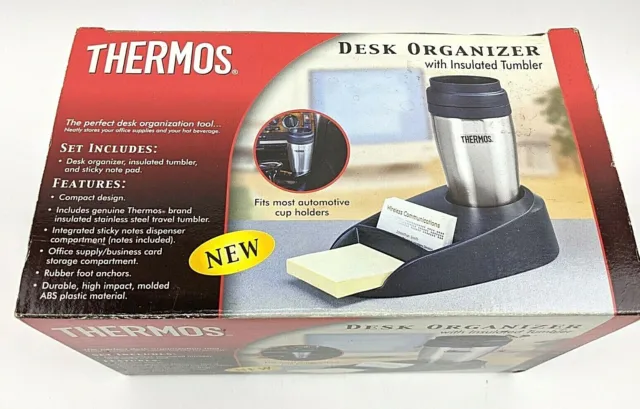 Thermos Desk Organizer Insulated Mug Card Holder Note Pad Office Home Car