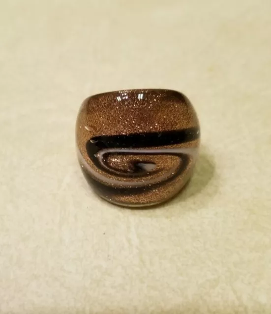Vintage Glass Ring Brown White Gold Dichroic Swirl Large Mod Size 6