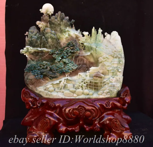 16.6" Chinese Natural Dushan Jade Hand Carved Mountain Tree House Statue