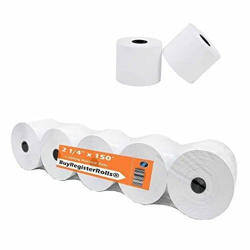 (Pack of 5 Rolls) 2 1/4 x 150 ft, White, adding machine tape Paper Rolls, 50