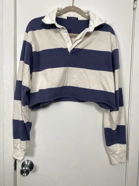 BRANDY MELVILLE STRIPES Navy White Collared Crop Long sleeve Top