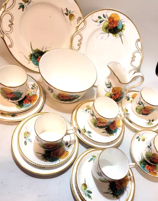 stunning Victorian gold accent nasturtium hand painted bone china 22 piece set