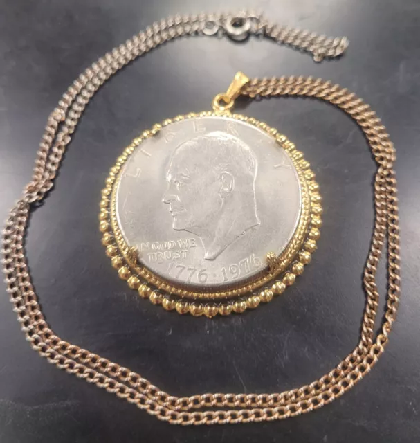 1776-1976 Eisenhower Dollar 25" Necklace & Pendant Gold Tone Setting 40% Silver